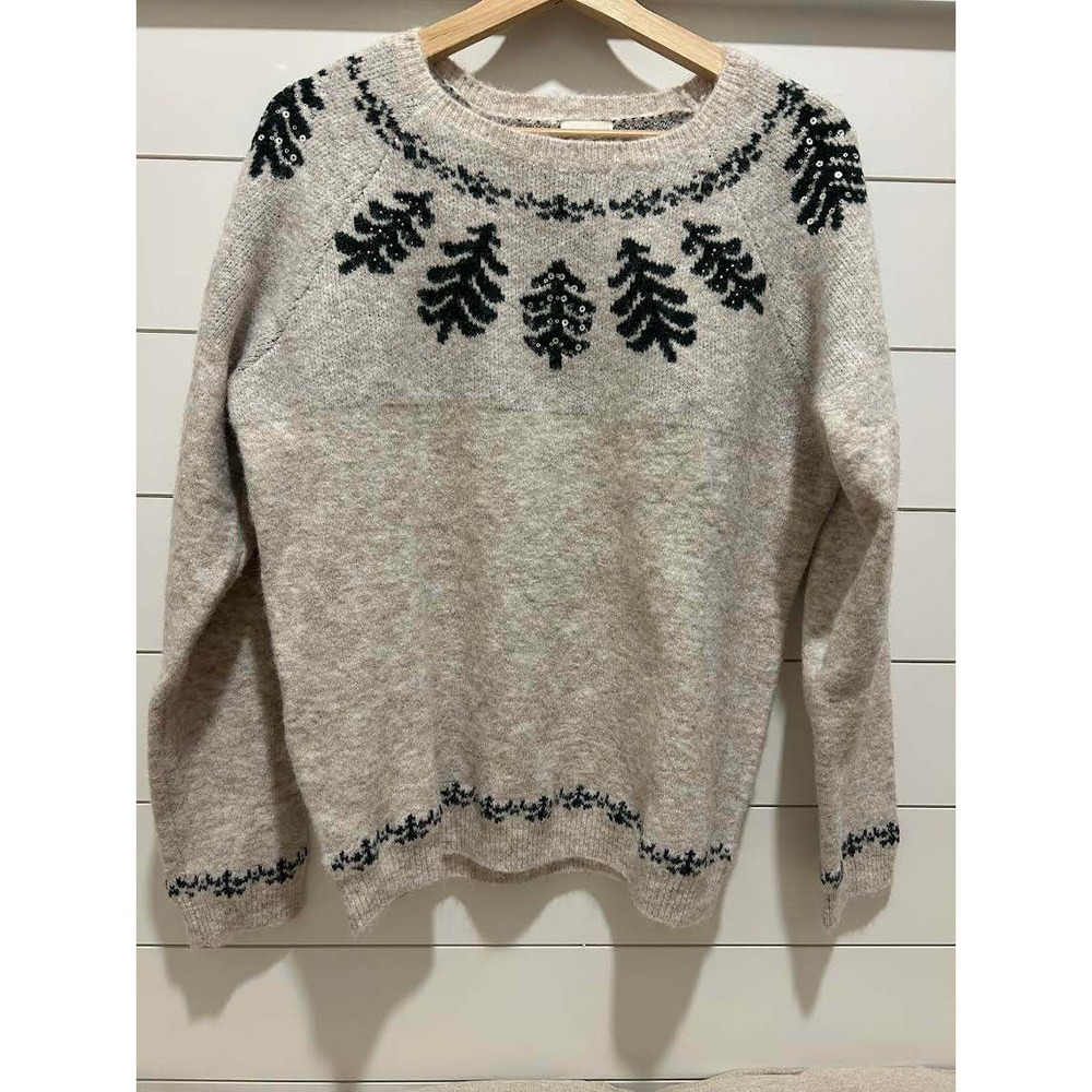 Appleseed's Pine Tree Sequin Fair Isle Sweater Oatmeal Wool Blend M Holiday Xmas